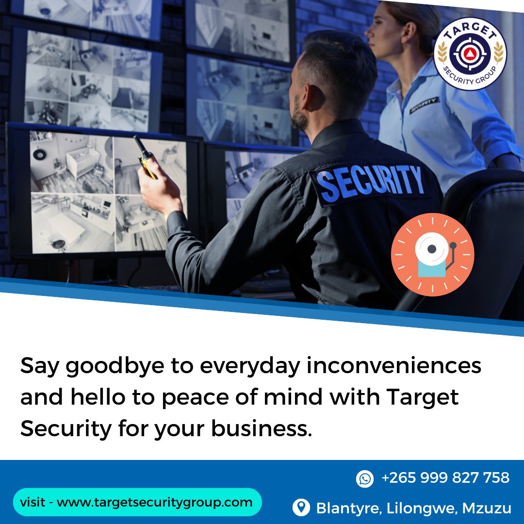Experience peace of mind with our cutting-edge security solutions! 🔒

#Targetsecuritygroup #malawian #SecureYourBusiness #RemoteMonitoring 

Visit - targetsecuritygroup.com
Dm us on WhatsApp: +265 999 827 758