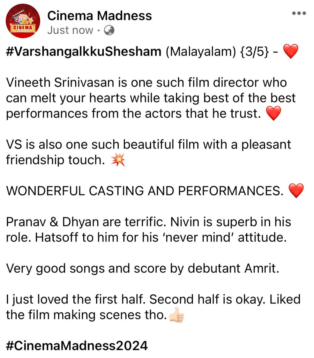 #VarshangalkkuShesham (Malayalam) {3/5} - ❤️

@impranavlal @NivinOfficial #VineethSrinivasan