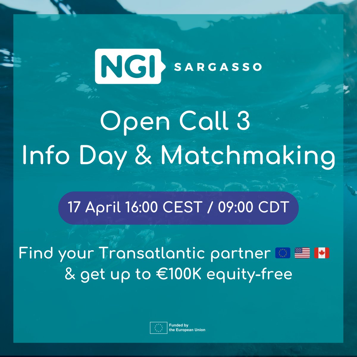 📣Calling for startups, SMEs, universities, research centres, NGOs &amp; foundations to shape #futureInternet

Join #NGISargasso open call 3 Info Day &amp; Matchmaking: ow.ly/2mYT50Rbfum

📆TOMORROW 16:00 CEST

💶Get up to €100K equity-free &amp; find your Transatlantic partner 🇪🇺🇨🇦🇺🇸
