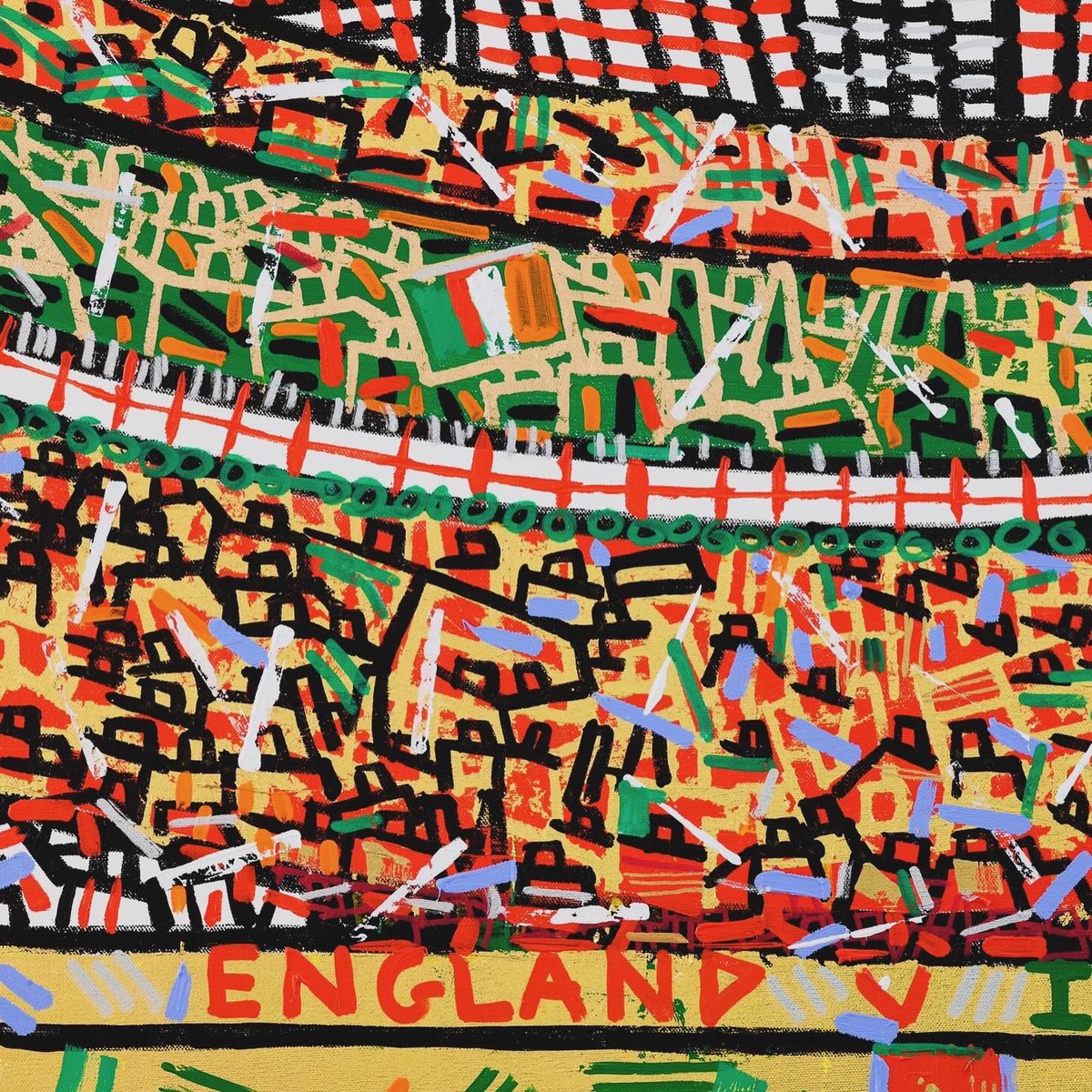 England V Ireland at twickenham, 100x100cm, acrylic and 24k gold on canvas. Loved creating this live during the 6 nations. Contains lots of real 24k gold and shows the two nations before the game. @EnglandRugby . #englandrugby #sportart #rugbyart #artgalleries #artbuyers