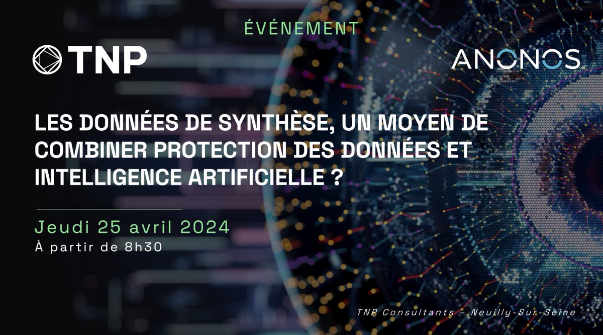 anonos's tweet image. 📣SAVE THE DATE
Join Anonos at @TNPConsultants’s event on synthetic data! Discover Data Embassy’s #syntheticdata capabilities and its transformative potential for analytics &amp;amp; AI.

🗓️Thursday, April 25th
🕗8:30 AM to 10:00 AM, CEST

📌RSVP: tnpconsultants.com/evenement-ia-r…
#DataEmbassy
