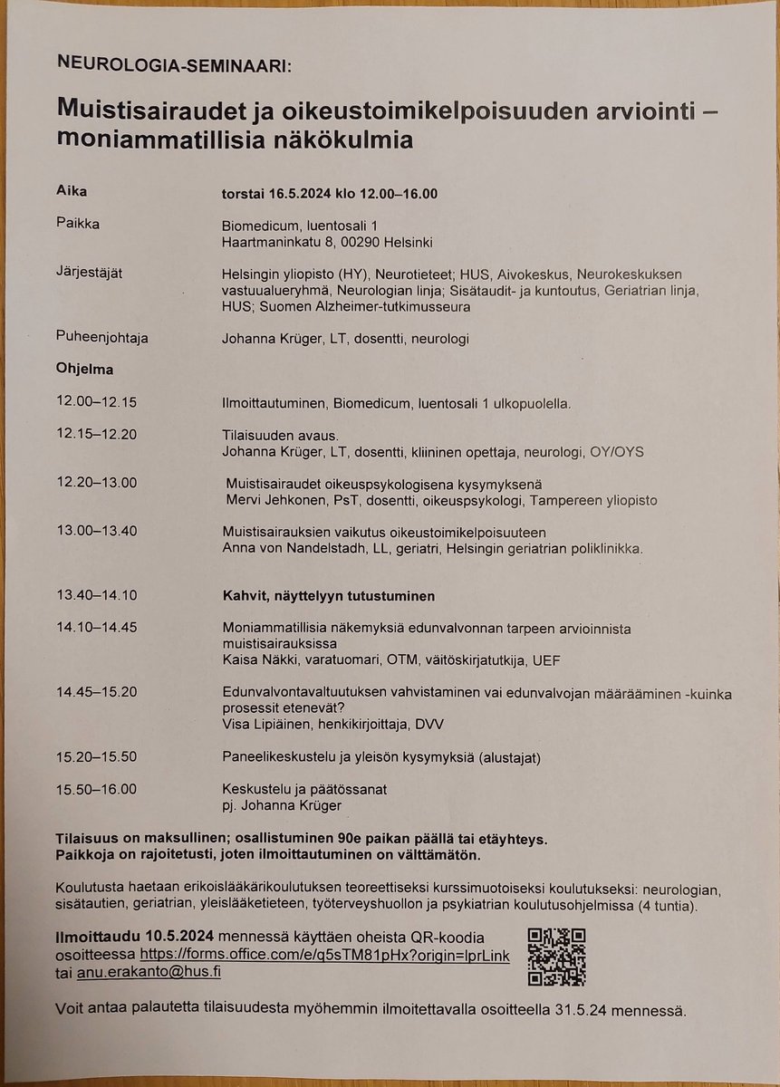 @SuomenAlzheimer järjestää yhdessä @HelsinkiUniMed ja @HUS_fi kanssa mielenkiintoisen 16.5.2024 koulutuksen #Muistisairaus ja oikeustoimikelpoisuusasioista @BiomedicumH ⬇️Voit osallistua myös etänä!Tervetuloa! @RoittoHM @kaisanakki @JohannaKrger2 @Muistiliitto