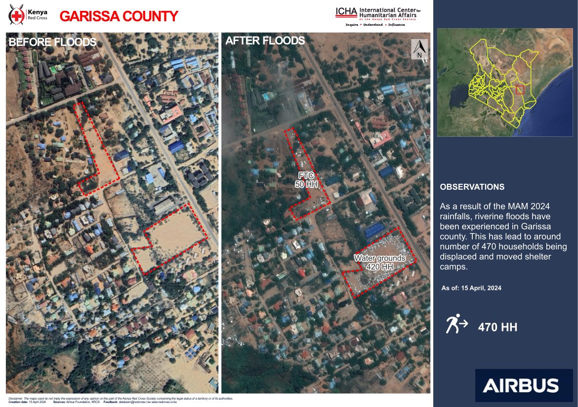 The Kenya Red Cross utilizes satellite imagery to monitor the impacts of floods across different areas.

Check out this map highlighting estimated displaced households in Garissa, now seeking refuge at the Farmer Training Center (FTC) and Water Ground areas.

On-ground