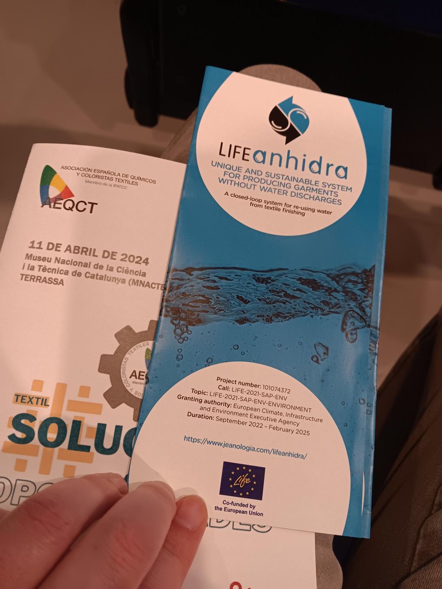 LifeANHIDRA's tweet photo. Pleased to be on the 49th #AEQCT Simposium (11/04/24)💙Hosted by #MNACTEC, this edition focused on solutions &amp; opportunities for the #textileindustry: chemistry, energy, wastes... Regarding #water, @AITEX described #LifeANHIDRA, its closed-loop structure + valorisation of fibers https://t.co/ssDV1Rvgbp