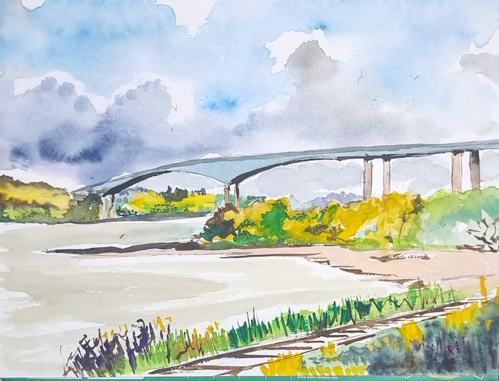Foyle bridge surrounded by gorse blooms in springtime. Original watercolour ( & limited prints) mallettspallette.co.uk/shop/p/foylebr… #norniron