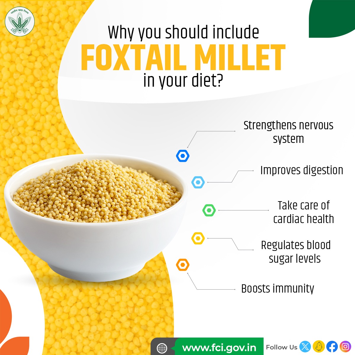 Foxtail millets is a versatile grain that can be rich in protein, fiber, iron, calcium, and antioxidants, which can help you meet your daily nutritional needs. Here are few benefits of adding foxtail millet to your diet. #Millet