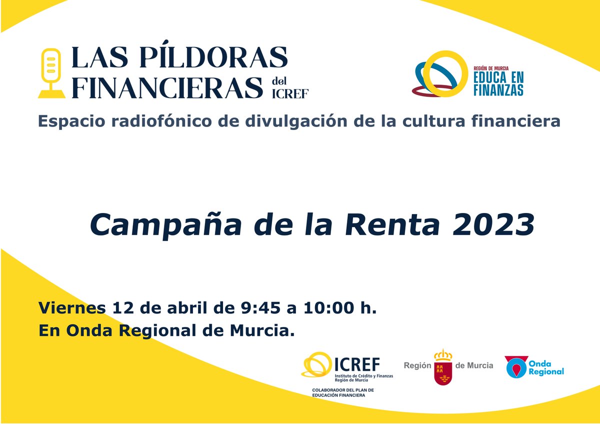 Para quién no pudo escuchar el viernes nuestras  Píldoras Financieras <a href="/ICREFRM/">Instituto de Crédito y Finanzas Región de Murcia</a>, os pasamos el enlace, donde, Ángela Ruiz, Jefa Regional de Gestión Tributaria de la AEAT @informaticaaeat nos habló de la campaña de la Renta. #EducacionFinanciera #RM_Hacienda
orm.es/programas/plaz…