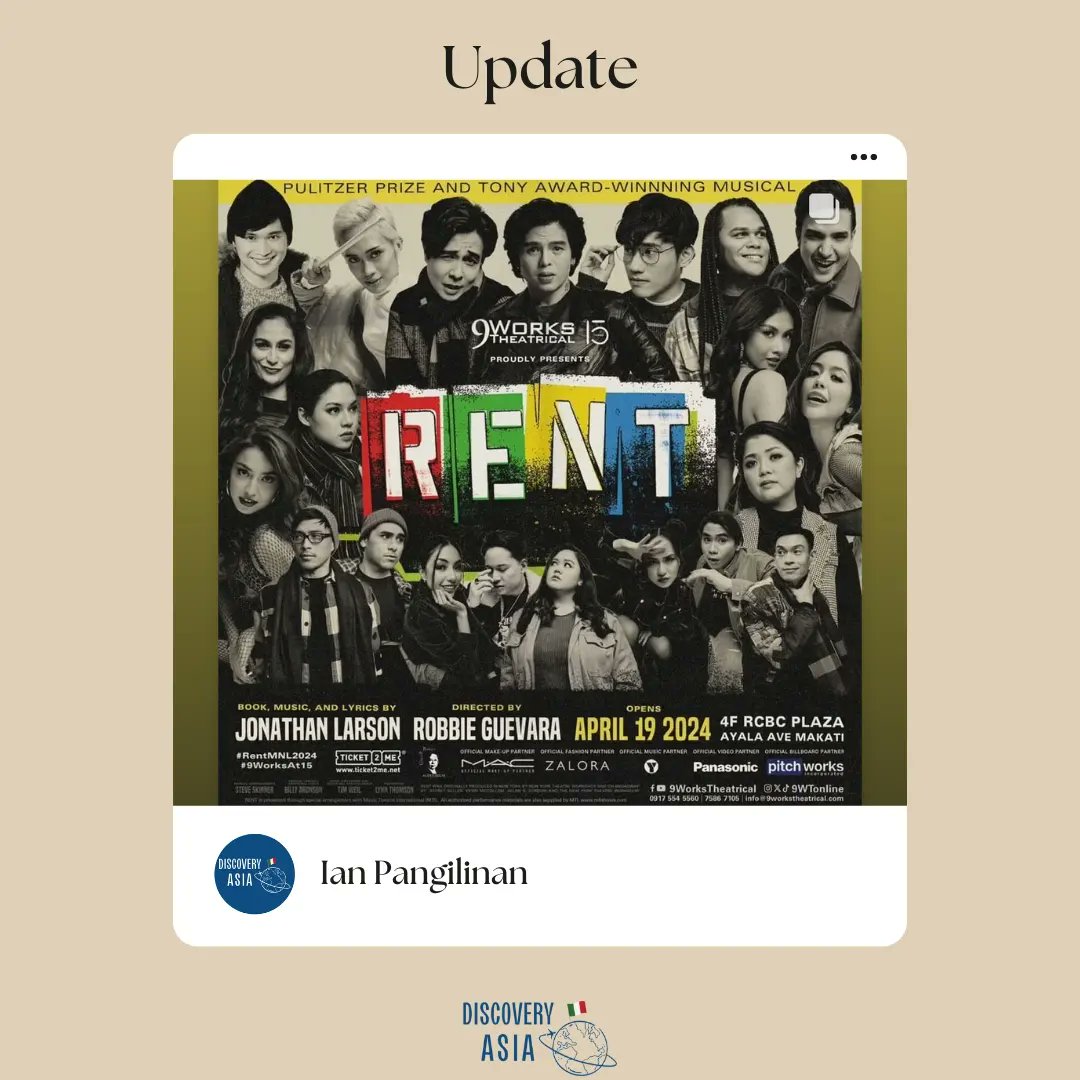 Discovery__Asia's tweet photo. Filipino Actor Ian Pangilinan shared on IG that he is being part of the renowned musical "Rent"

We are very proud of you!

Crissy ❤️

#IanPangilinan #rentmusical

16.04.2024 https://t.co/TOHYgpFFz1
