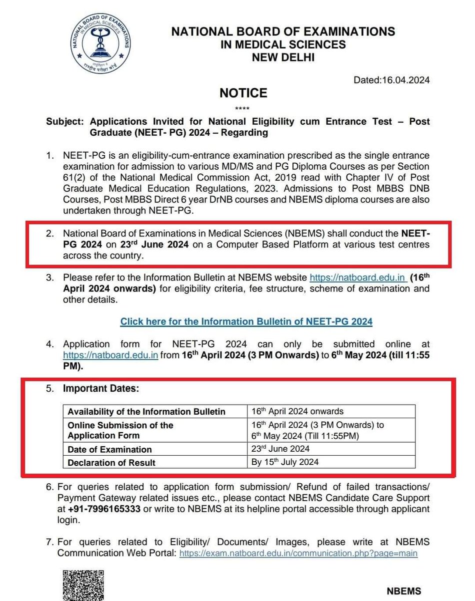 JUST IN ---- NEET PG 2024 Application Registration Process shall be live From Today at NBE Website. Last Date is 6 may 2024 Date of Exam is - 23 June 2024 #MedTwitter #NEETPG #NEET