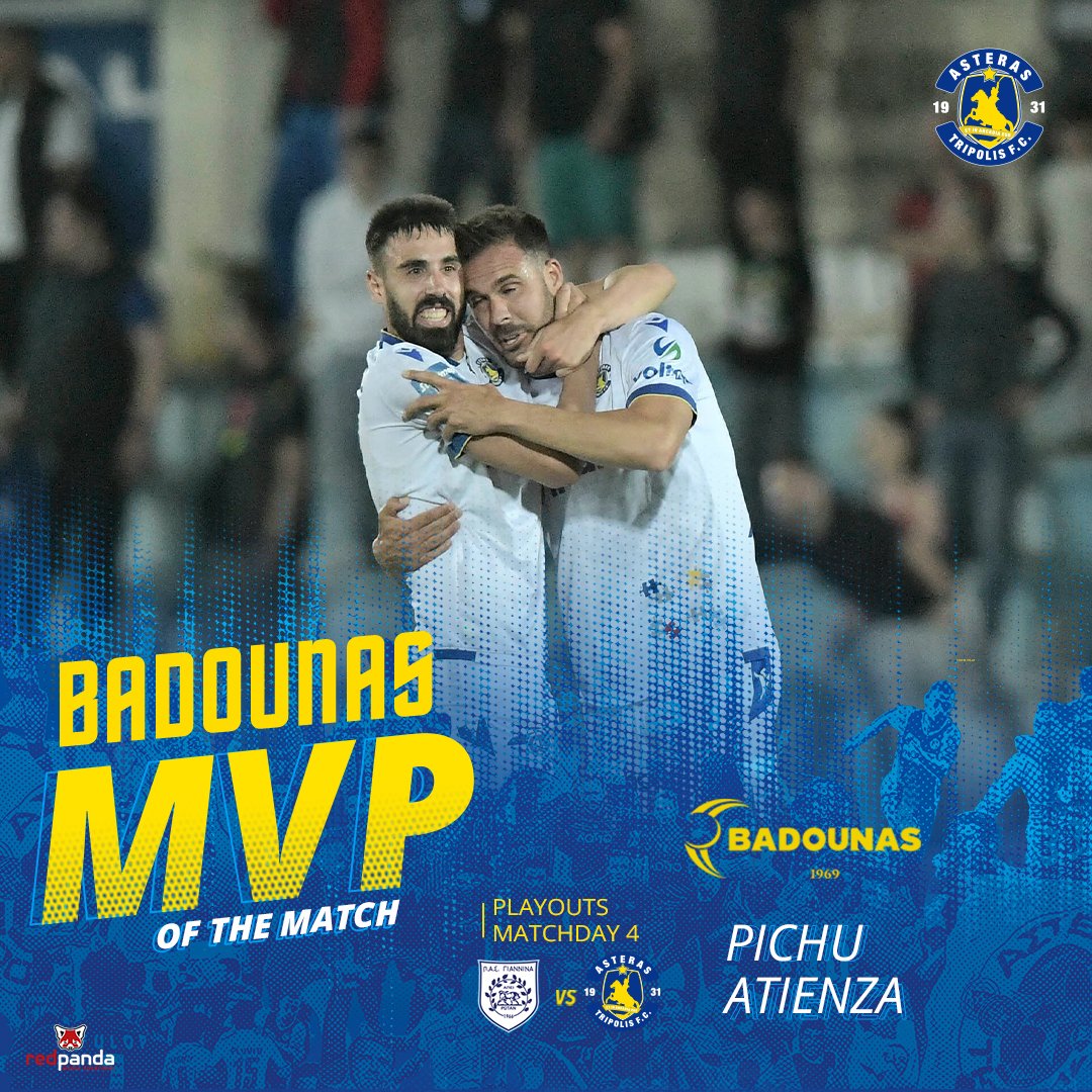 AsterasfcTwit's tweet photo. Ο Pichu Atienza αναδείχθηκε BADOUNAS MVP Of The Match στην αναμέτρηση του ΑΣΤΕΡΑ με τον ΠΑΣ Γιάννινα για την 4η αγωνιστική των Playouts του πρωταθλήματος Stoiximan Super League.
#asterastripolisfc #badounasmvp #pasast #matchday4 #playouts #pichuatienza https://t.co/n278XFAPfd