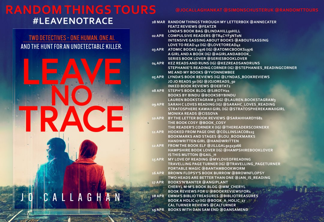 I’m delighted to be taking part in the #BlogTour with @RandomTTours for #LeaveNoTrace by @JoCallaghanKat Out now from @simonschusterUK ‘Two, detectives – one human, one AI, and the hunt for an undetectable killer.’ My 5 🌟 🌟 🌟🌟 🌟review: twoheadsarebetterthanone.home.blog/2024/04/15/lea…
