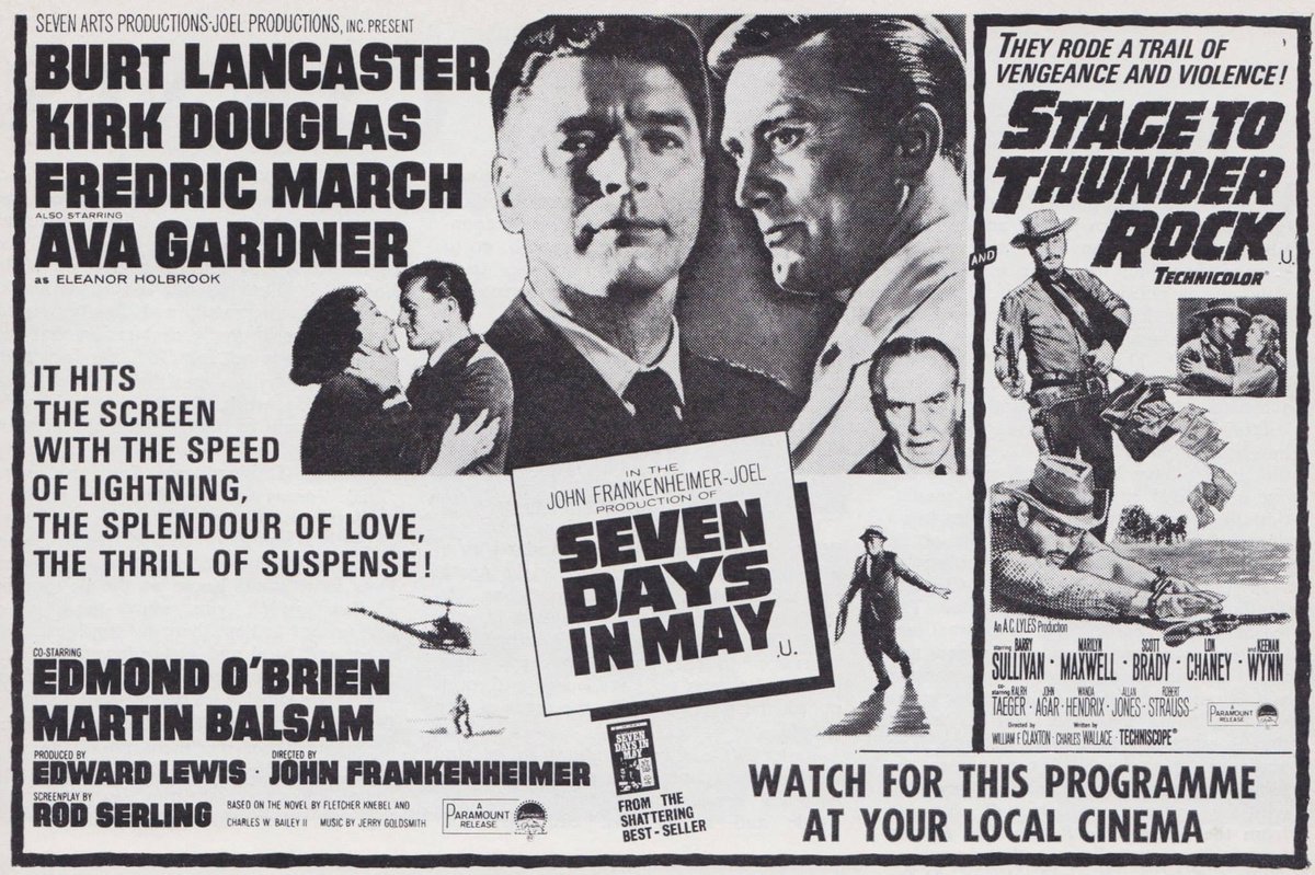 Sixty years ago today, Seven Days In May opened in UK cinemas... #SevenDaysInMay #film #films #1960s #BurtLancaster #KirkDouglas #FredricMarch #AvaGardner #JohnFrankenheimer #thriller #StageToThunderRock #Western