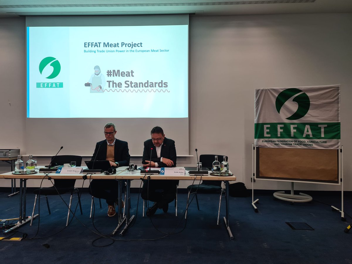 EFFAT_org's tweet photo. 🎉 We're kicking off the #MeatTheStandards Final Conference with an introduction by Guido Zeitler, @GewerkschaftNGG General Secretary.
🇩🇪 Germany represents how a strong legal framework can ensure direct employment & fight social dumping in the #meatsector. https://t.co/WW8mDZBDGj