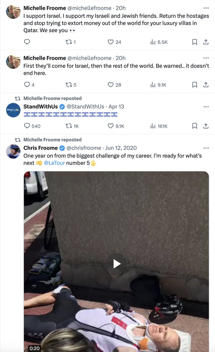 "There are no innocent Gazans", says <a href="/michellefroome/">Michelle</a>, wife of UK Olympic winning cyclist <a href="/chrisfroome/">Chris Froome</a>, going full blown depraved, unhinged, dehumanising racist. 

The levels of dehumanisation of Palestinians in Gaza to justify Israel's genocide  against them are constant.