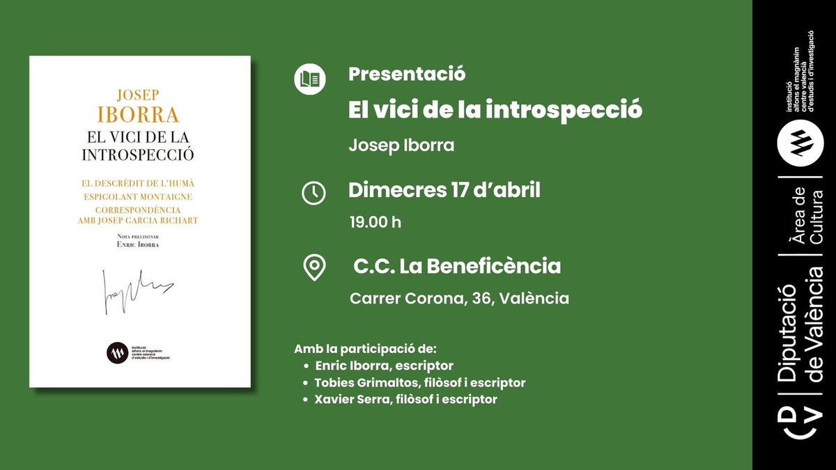 🗣 Demà dimecres 17 d’abril a les 19:00 hores, presentació del llibre ‘El vici de la introspecció.' ⏰A les 19:00 hores 📍En el Centre Cultural La Beneficència L'entrada serà lliure i gratuïta fins a completar l'aforament. El llibre🔗bit.ly/49yiuze Enviament gratuït