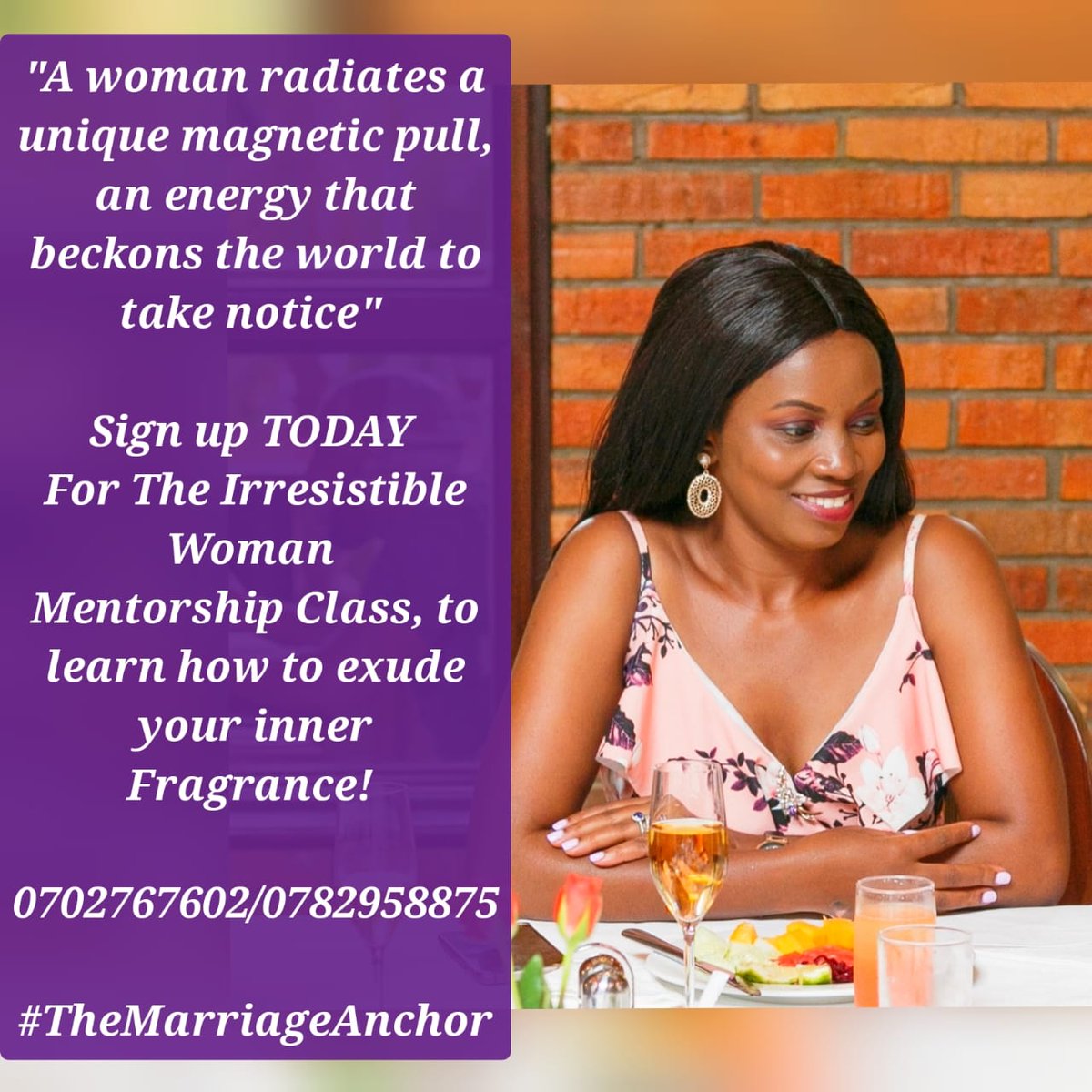 'A woman radiates a unique magnetic pull, an energy that beckons the world to take notice.' 

Sign up TODAY 
For The Irresistible Woman 
Mentorship Class, to learn how to exude your inner fragrance.  

0702767602/0782958875

#TheMarriageAnchor