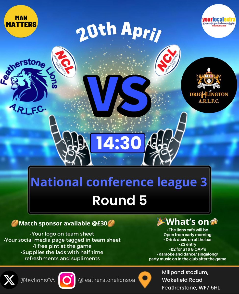 FevlionsOA's tweet photo. Round 5 of the ⁦@OfficialNCL⁩ season and we have our first home game of the season as we welcome Drighlington to the Mill Pond 🔵⚪️🦁 https://t.co/M1K4brR09r