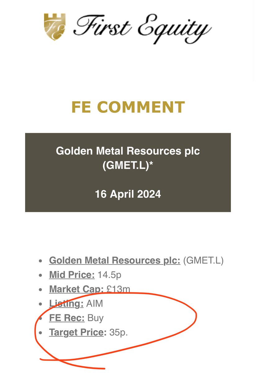 Seen todays @GoldenMetalRes RNS ⁉️

This is PROPER news. Have a read. 

…and @FirstEquityLtd have a 35p t/p on #GMET 

londonstockexchange.com/news-article/G…