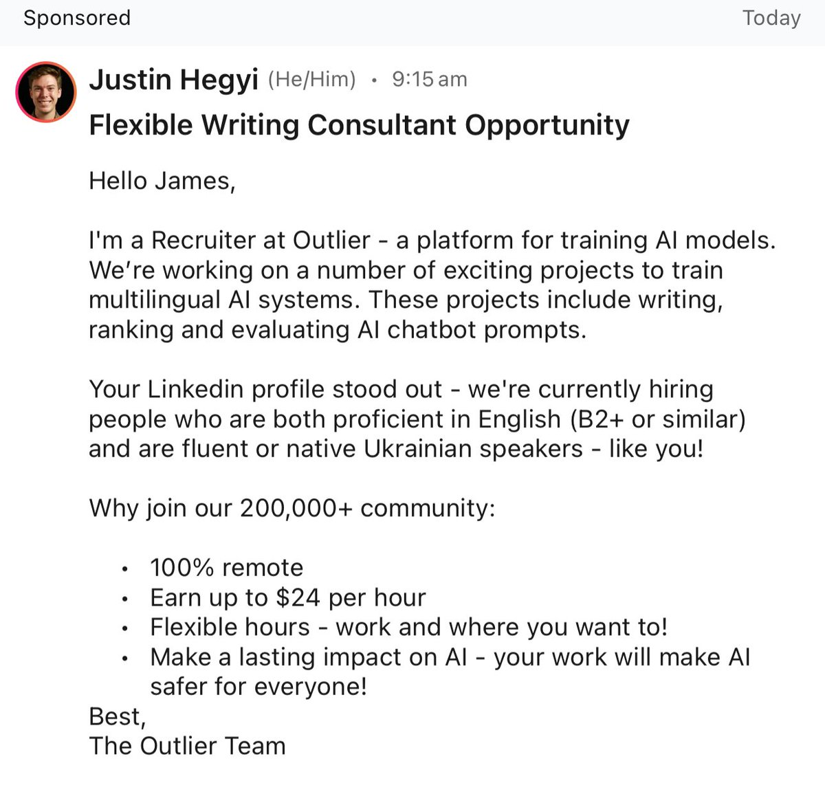 LinkedIn AI bot messages me telling me they are ‘looking for fluent Ukrainian speakers - like you!’ I’m enjoying how hilariously bad AI seems to be right now. And also realise it won’t be funny, very soon.