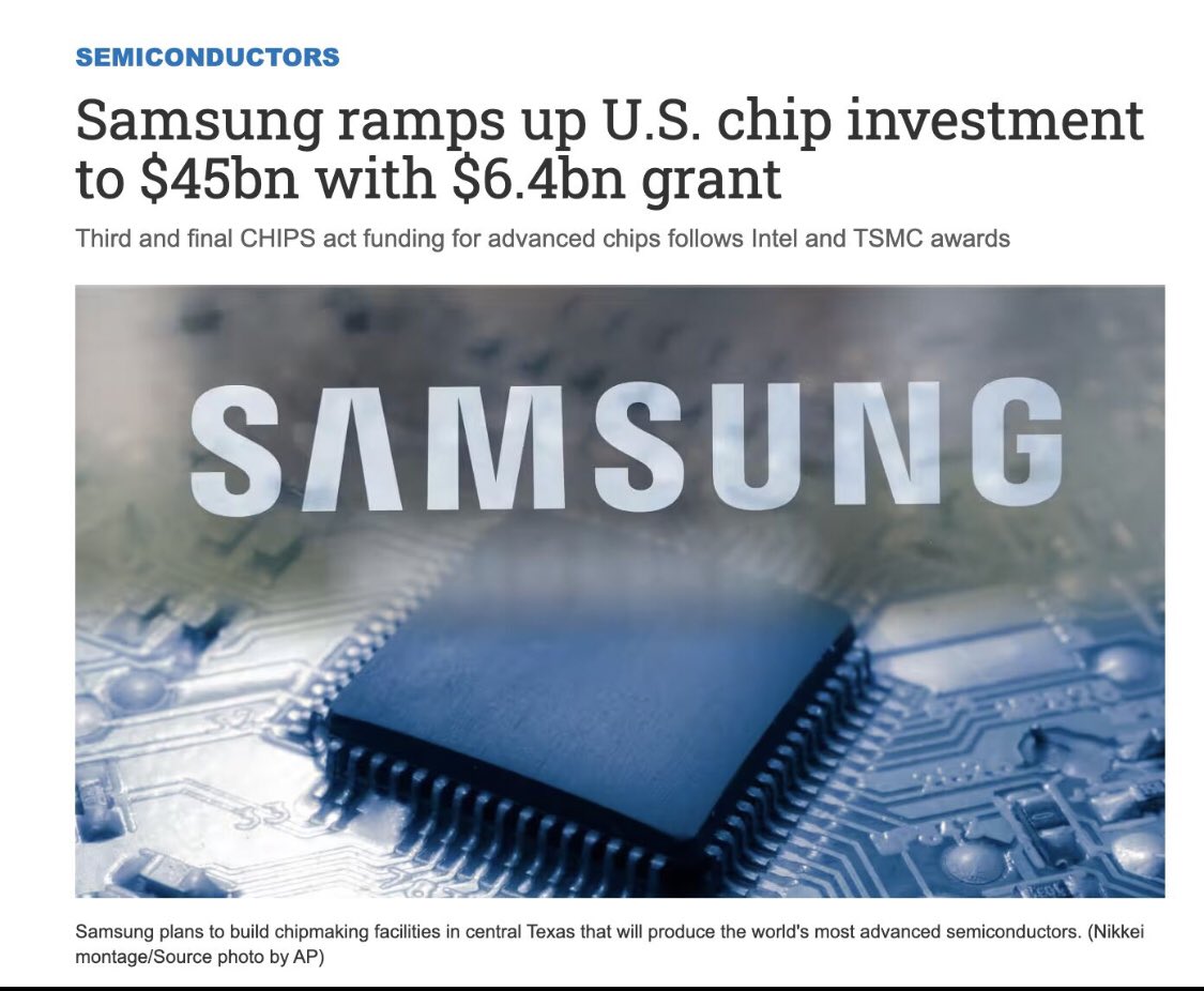 $110 billion investment in #US onshore #chip manufacturing announced in the last week 1) $65 billion by #TSMC —> #Arizona 2) #Samsung Electronics $45 billion —> #Texas #CHIPS Act giving over $6 bn each for 2nm #semiconductor capabilities This is new economic statecraft