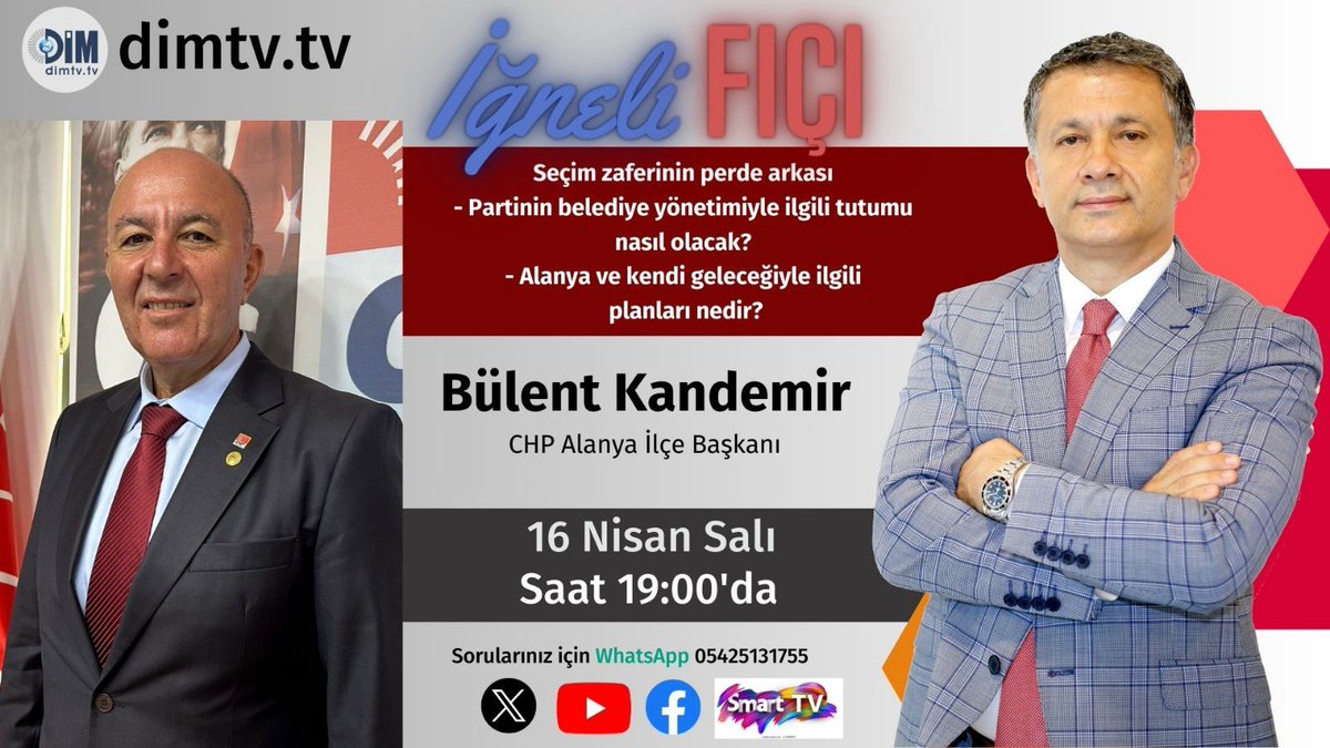 CHP ilçe başkanı Bülent Kandemir ile bu akşam değil bu akşam saat 19’da DİM TV İĞNELİ FIÇI’da seçim sonrasını konuşacağız. @blentkndmr