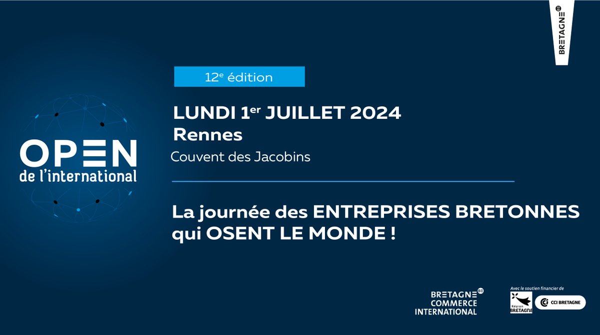 La journée des entreprises qui osent le monde est de retour !🌐 La @CCIRBretagne est partenaire de la 12ème édition de l’OPEN de l’international. L’événement organisé par @BCInter aura lieu le 1er juillet 2024 au Couvent des Jacobins à Rennes. + d'infos👉 lnkd.in/d5ejYpS