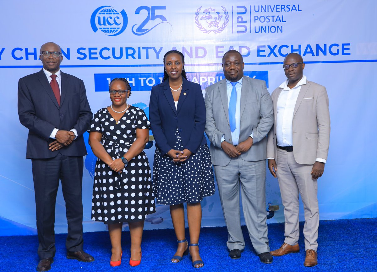 The Commission representatives at the SUPPLY CHAIN SECURITY & ELECTRONIC ADVANCE DATA EXCAHNGE. L-R @OtunnuFred - Director of Corprate Affairs, Agatha Kyakunzire - Manager Postal Services, @JulesMweheire - Director Industry Affairs & Content Development, Geoffrey Sengendo -