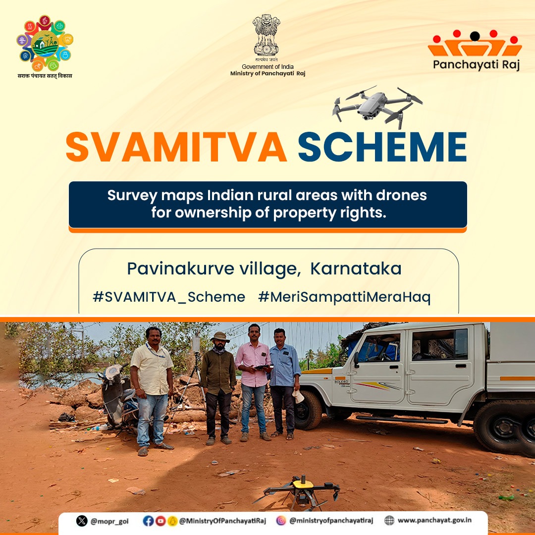 #SVAMITVA has initiated #DroneFlying in Pavinakurve village of Uttara Kannada, Karnataka. This scheme aids in the preparation of enhanced Gram Panchayat Development Plans (GPDP) by utilizing GIS maps for inhabited areas in rural India. #स्वामित्व_योजना #MeriSampattiMeraHaq