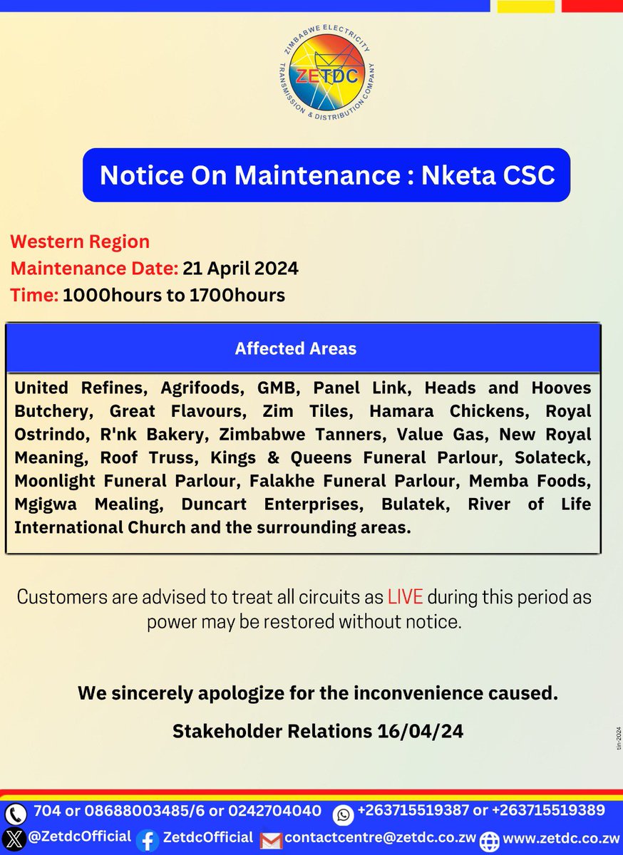 AsterXe_dex's tweet photo. #NoticeOnMaintenance #Nketa #Gwayi #Filabusi #Kamativi
Residents in the mentioned areas kindly take note.
@HeraldZimbabwe @ZESAHOLDINGS_ @CityofBulawayo @Bulawayo24News @byopra @thebyoshow https://t.co/1p75CEAkPh
