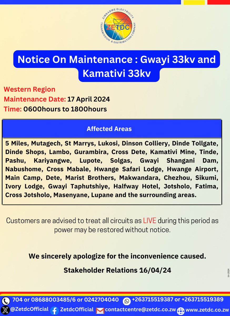 AsterXe_dex's tweet photo. #NoticeOnMaintenance #Nketa #Gwayi #Filabusi #Kamativi
Residents in the mentioned areas kindly take note.
@HeraldZimbabwe @ZESAHOLDINGS_ @CityofBulawayo @Bulawayo24News @byopra @thebyoshow https://t.co/1p75CEAkPh