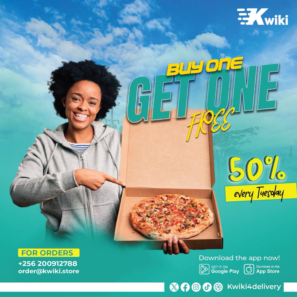 It's a buy one and get one free with a 50% discount. Browse through the @kwiki4delivery app,  search for a restaurant near you and make your orders.

#kwiki #kwikidelivery #kwiki4delivery #fooddelivery #fastdelivery #fypシ #fy #foodie #pizza #pizzatuesday #foryoupage #foryou