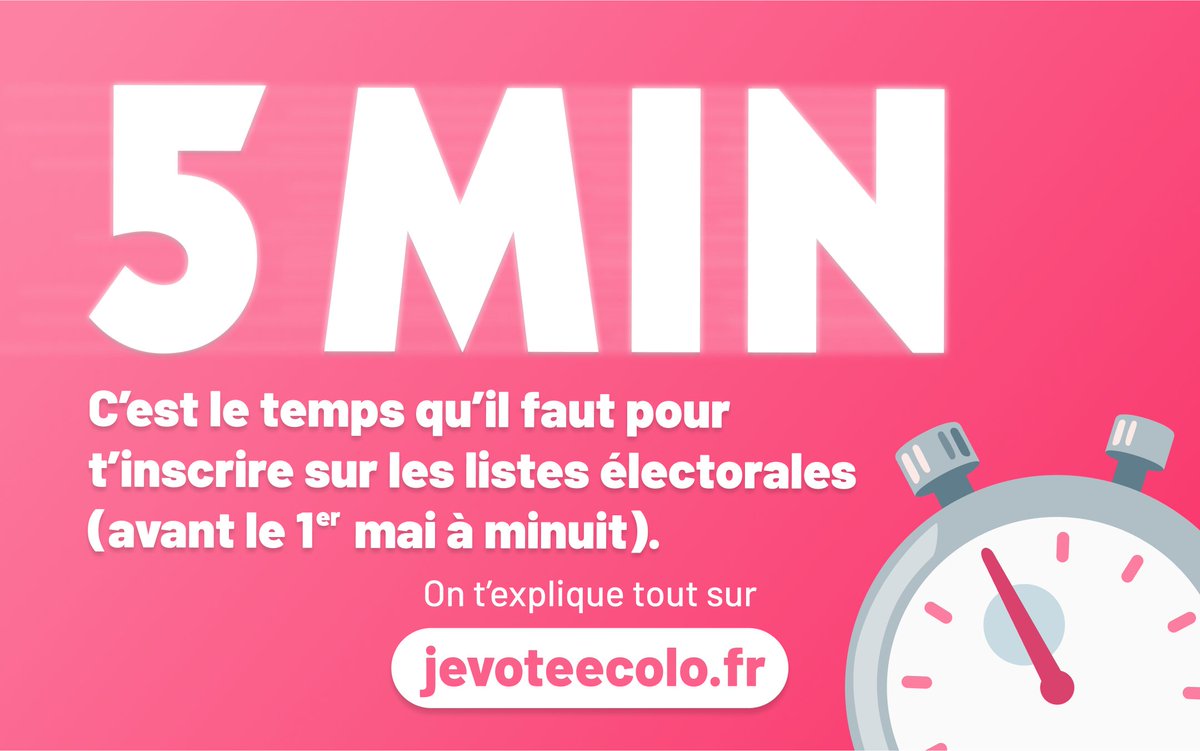 EELV's tweet photo. 5 minutes, c'est le temps de... ⏱️
👉S’inscrire sur les listes électorales ! (avant le 1er mai à minuit).

Inscription sur les listes, changement d’adresse, procuration, tout peut se faire depuis ton canapé en quelques clics ! C'est le moment.

Rdv sur https://t.co/v3SBGOBlcg https://t.co/ZxNE55D4Ec