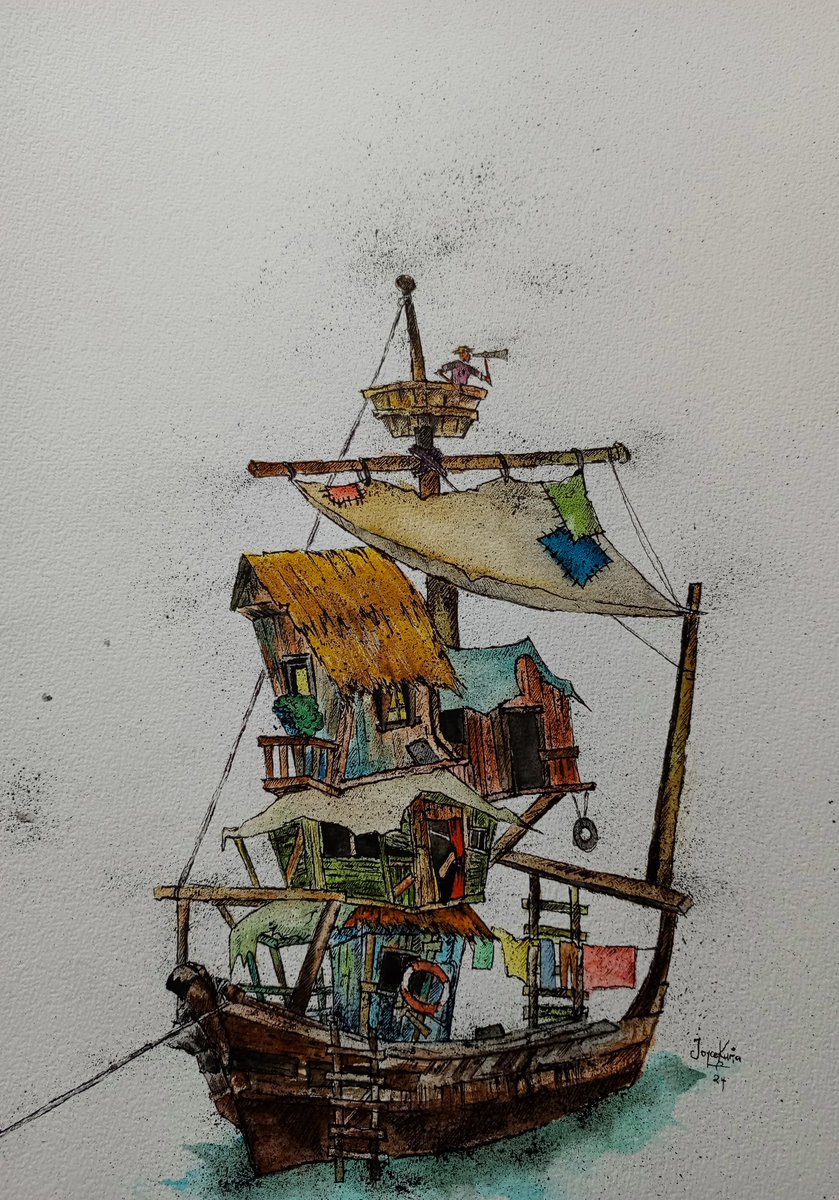 Boat house II Watercolour and ink illustration A3 size