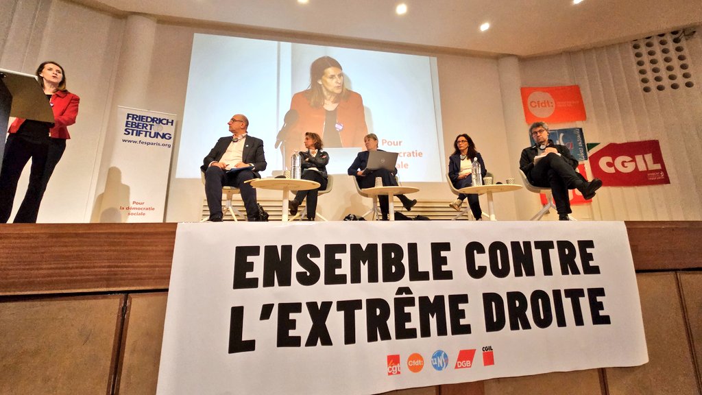 En direct de Paris, introduction par @IsaSchoemann et première table ronde avec les #syndicats 🇫🇷 et 🇩🇪 ainsi que @HansBieling. Comment combattre l'influence de l'extrême droite sur le lieu de #travail ?