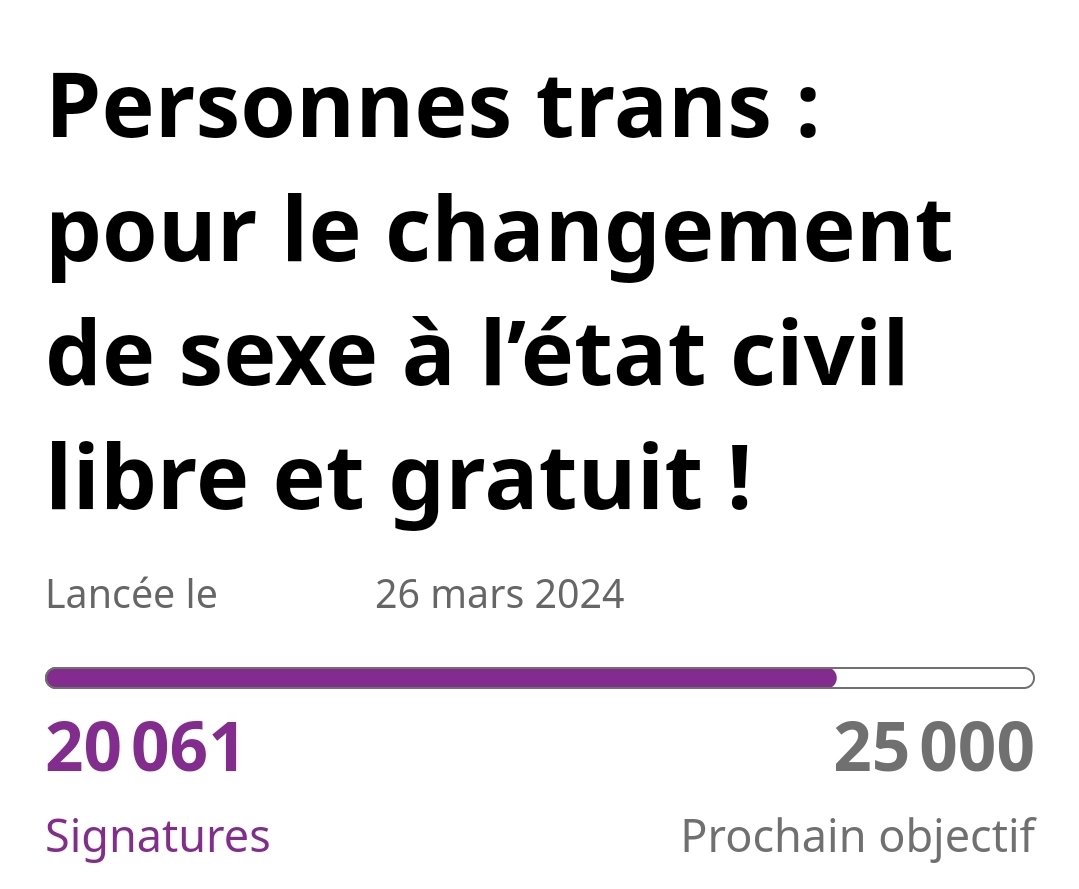 ✊️ 20000 personnes ont signé la pétition demandant un changement de sexe à l'état civil déjudiciarisé, libre et gratuit ! Continuez de signer et de partager ! chng.it/q7GKx5rwXb