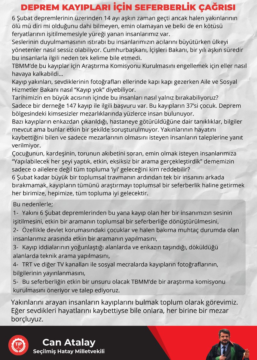 Deprem kayıpları için seferberlik çağrısı

6 Şubat depremlerinin üzerinden 14 ayı aşkın zaman geçti ancak halen yakınlarının ölü mü diri mi olduğunu dahi bilmeyen, emin olamayan ve belki de en kötüsü feryatlarının işitilmemesiyle yüreği yanan insanlarımız var. 

Seslerinin