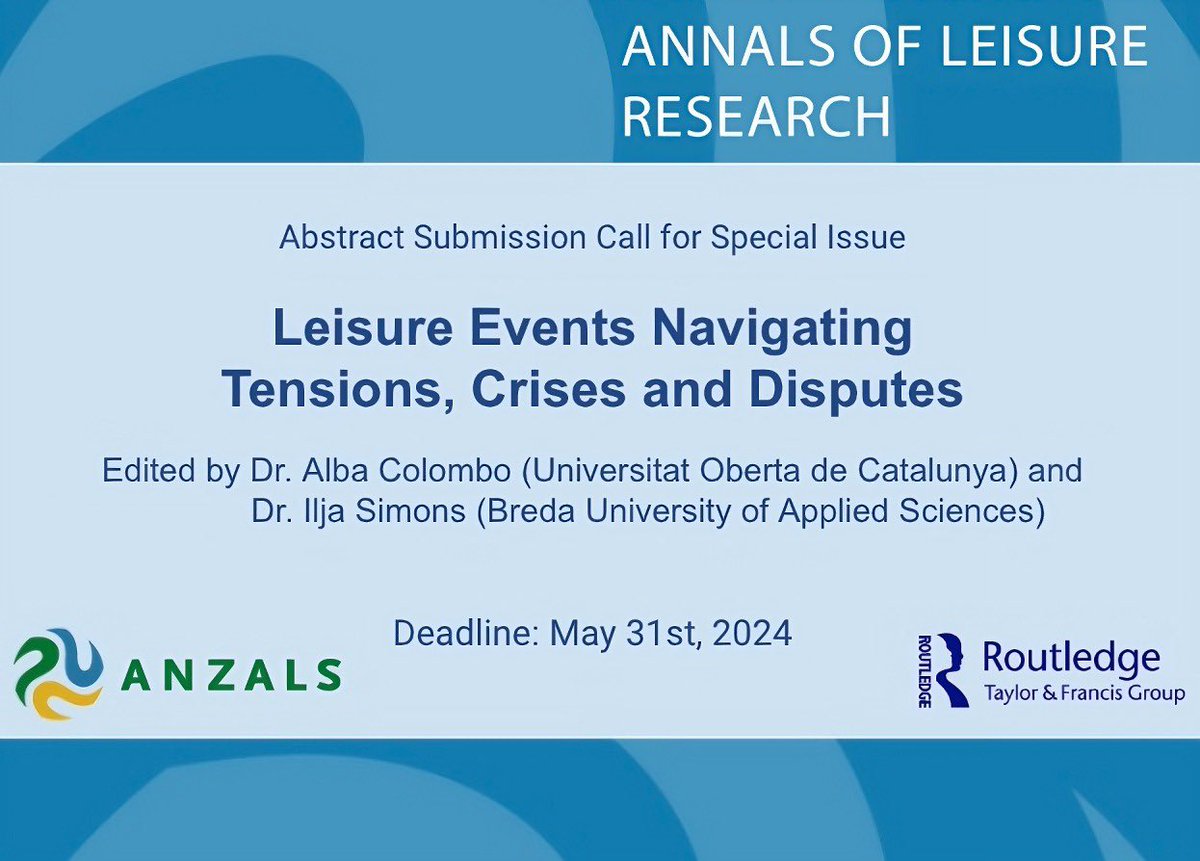 🌟 📢 CfA -Leisure Events Navigating Tensions, Crises, and Disputes 📢 🌟 edited with @Iljasimons Deadline: May 31st, 2024Annals of Leisure Research More info + submit via this Form: forms.gle/JncNKDeijVgawG… special thanks to @WorldLeisureOrg @tourism_atlas @ANZALSonline
