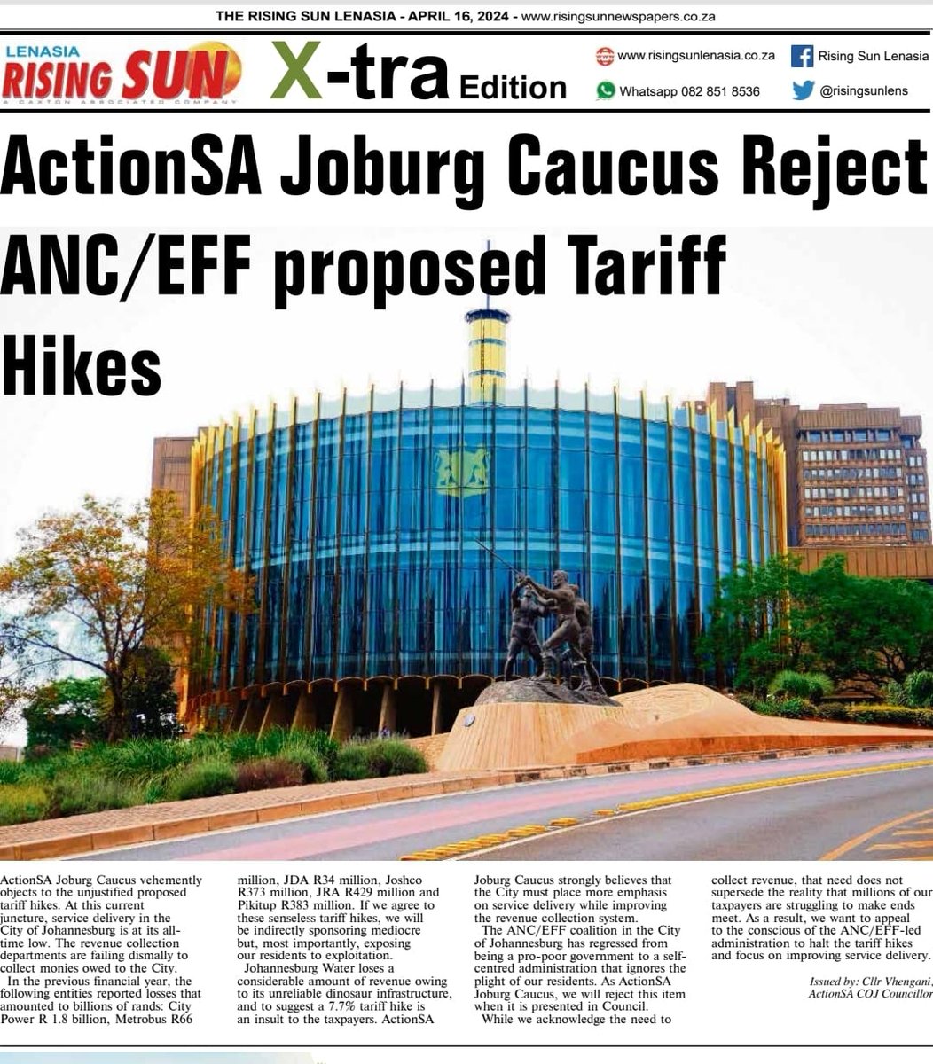 With service delivery in the CoJ at an all-time low, ActionSA caucus rejects these unjustifiable and unreasonable tariff hikes proposed by the ANC/EFF/PA coalition. This is tantamount to exploiting residents of the City who are hardly receiving the basic services. Residents first