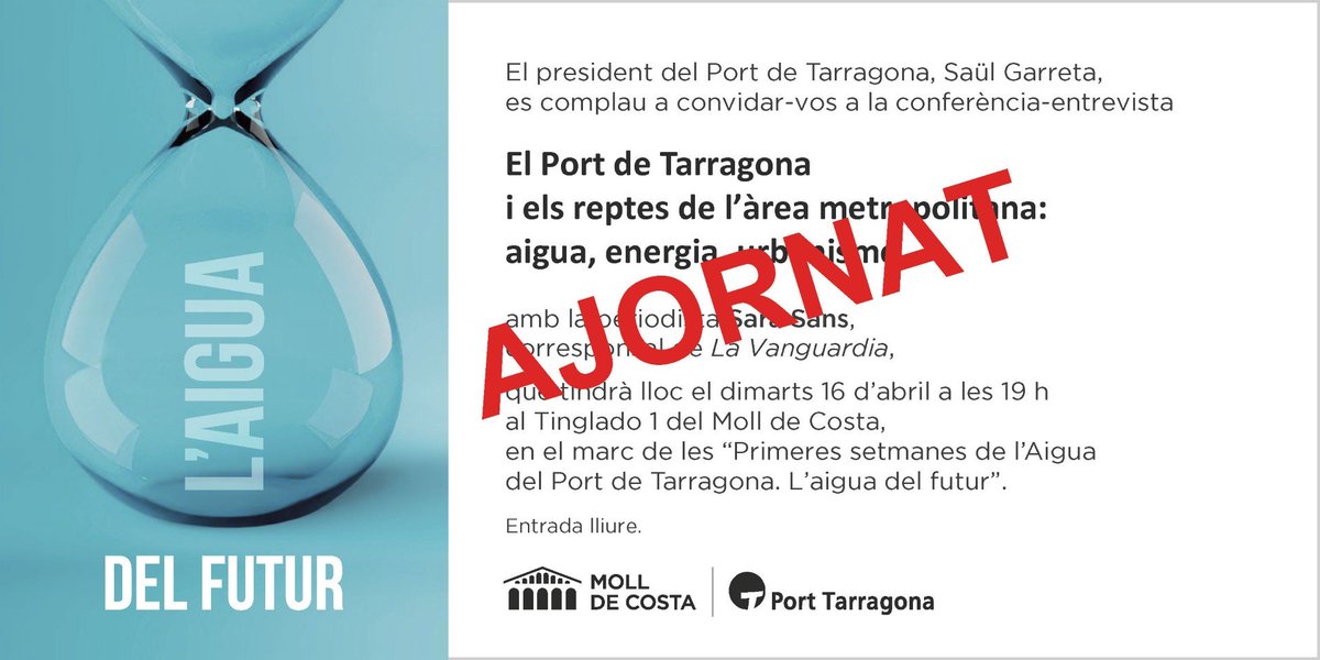 ACTE | La conferència “El Port de Tarragona i els reptes de l’àrea metropolitana: aigua, energia, urbanisme…” que estava prevista pel dimarts, 16 d’abril a les 19h, s’ajorna fins a una nova data.