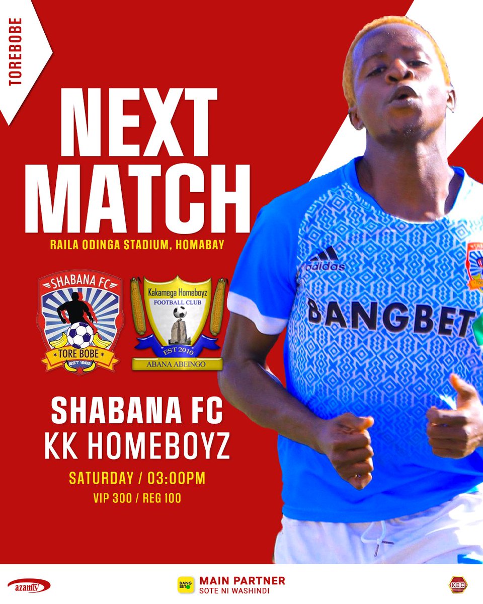 🚨 Up next 📌 Saturday 20th April 2024 Shabana Fc 🆚 Kakamega Homeboyz 🏟 Raila Odinga Stadium, Homabay 🕰️ 3 PM EAT Entry: Regular 100/= VIP 300/= Buy tickets here: shabana.api.co.ke Come one, Come all. See you there. Main Club partner Bangbet #ShabanaNiYetu…