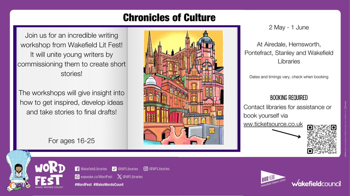 Join us for ‘Chronicles of Culture’, a writing workshop from @wakeylitfest! 📍Airedale, Hemsworth, Pontefract, Stanley and Wakefield Libraries 📅⏰dates and times vary, check when booking Booking required, visit ticketsource.co.uk/whats-on?q=chr… @mywakefield @ouryear2024 @ncmme