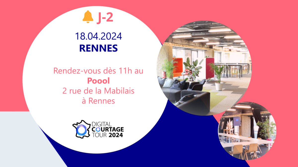 🔔 J-2 - #DigitalCourtageTour à Rennes 🔔

📅 Jeudi 18 avril dès 11h
📍 Le Poool - 2 rue de la Mabilais à Rennes

Pas encore inscrit ? Il reste quelques places 👉 digitalcourtagetour.fr

Déjà inscrit ? Retrouvez votre badge et prenez RDV avec les exposants depuis votre espace💎