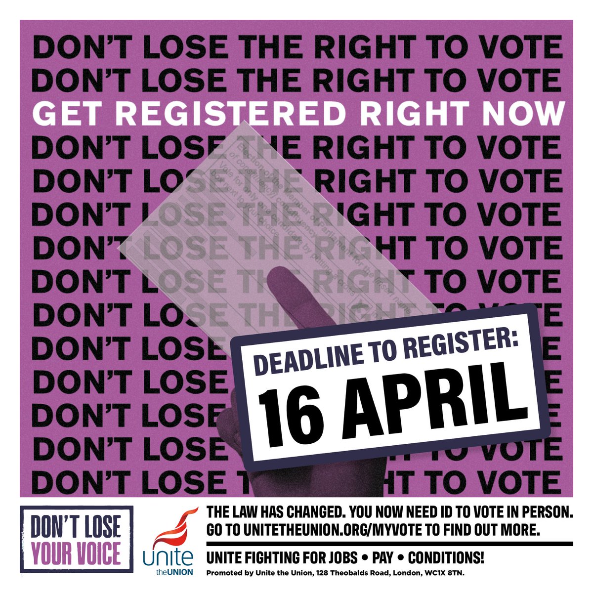 📆 It's National Voters Registration Day today 🗳️ Register to vote for the 2nd May elections in England and Wales today. The deadline to register is midnight tonight! #DontLoseYourVoice unitetheunion.org/myvote