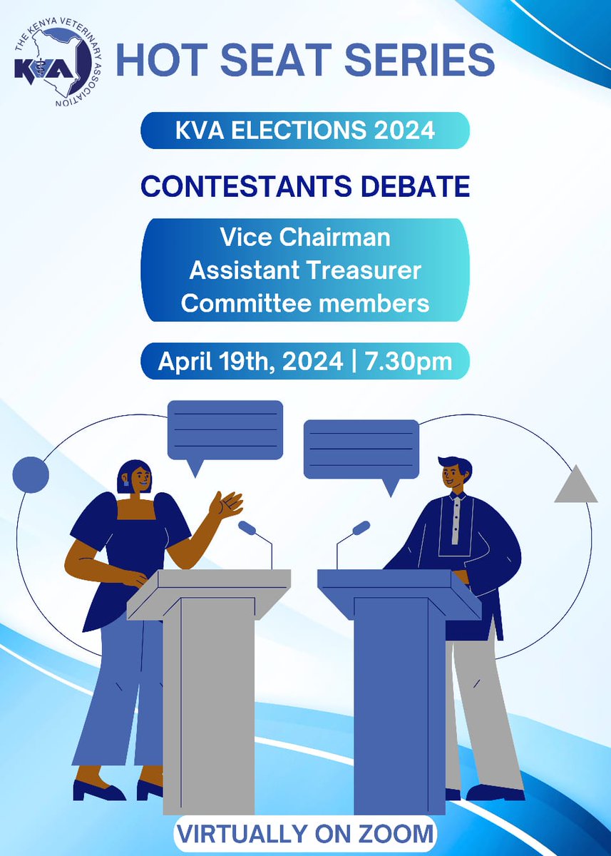 VeterinaryKenya's tweet photo. Calling all members of KVA! It's time to choose our leaders for 2024-2026. Join us for insightful sessions with the candidates on April 19th &amp; 22nd at 7:30pm. Hear their visions, plans, and journey in the vet space. Don't miss out! #KVAelections #VetLeadership" https://t.co/EmtVzqkWrm