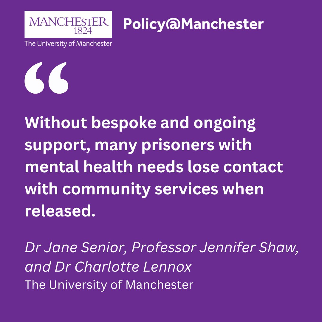 🤔 How can prison leavers with mental health needs best be supported in reintegrating into communities? ⏳ Here, Dr Jane Senior, Prof Jenny Shaw & @charliebird1979 suggest Critical Time Intervention as a potential model 👇 Read more: blog.policy.manchester.ac.uk/posts/2024/03/…