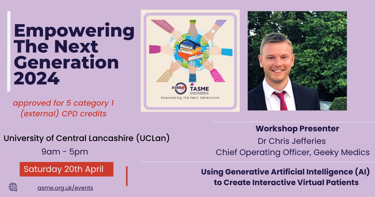 📢Introducing our brilliant AI workshop. Register, choose this workshop &amp; interact with virtual patients designed by @GeekyMedics. 👉 sign up now_refer a friend and you could win a free ASME textbook  : ow.ly/UXyX50Rgp0s 

 #MedEd @tasme_UK <a href="/gabs_finn/">Prof. Gabrielle Finn</a> @megan_EL_Brown