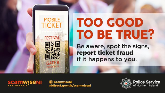 Person holding a mobile phone showing a QR code for a gig.

Too good to be true?

Be aware, spot the signs, report ticket fraud if it happens to you.

ScamwiseNI