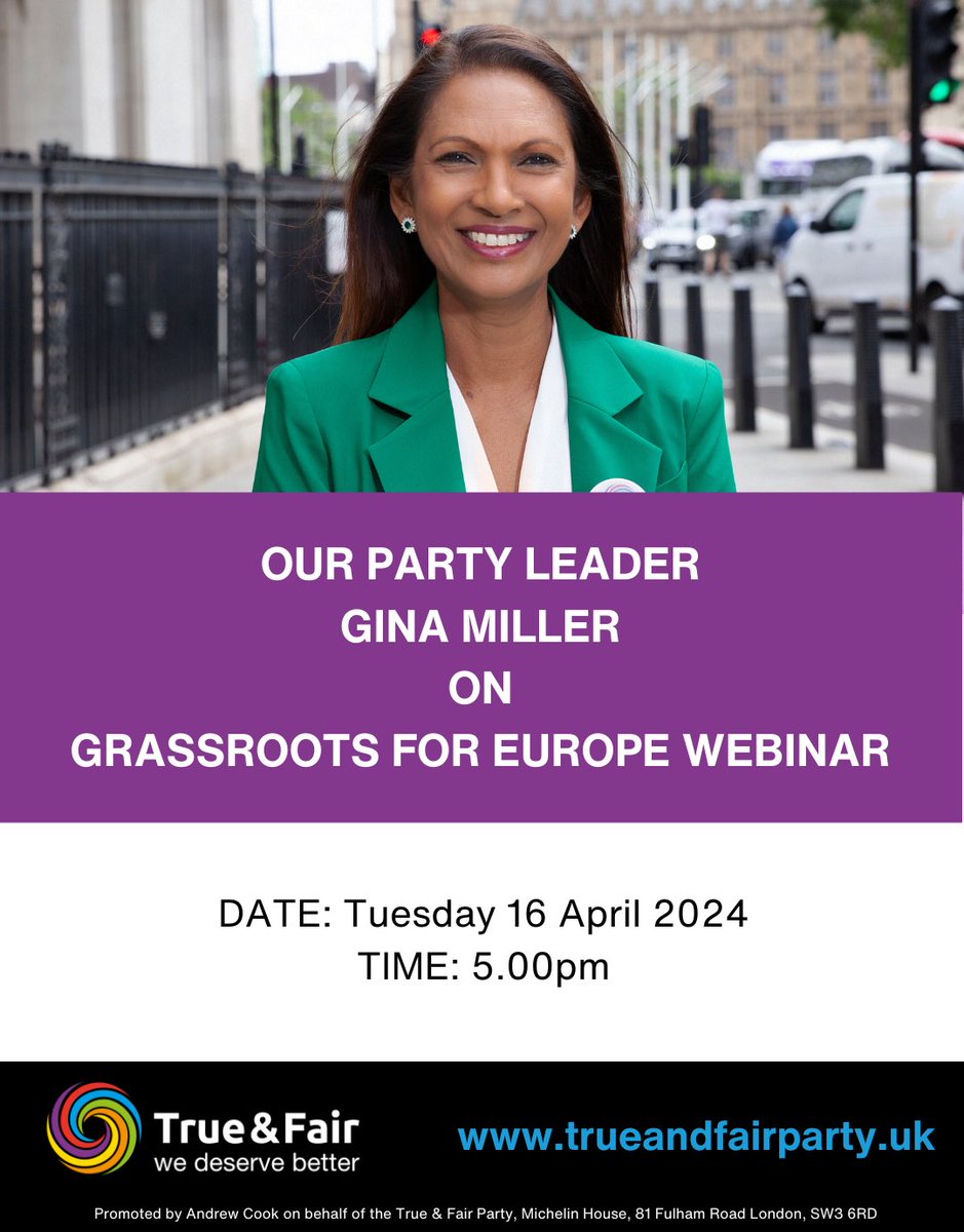 TODAY: Join our party leader @thatginamiller on the @GrassrootsEU webinar, to discuss women’s role in democracy and peace — with @julie4north, @janemorrice & Kati Systä. ➡️ tickettailor.com/events/grassro… Join us to start the process of rejoining the EU: ➡️ trueandfairparty.uk/rejoin