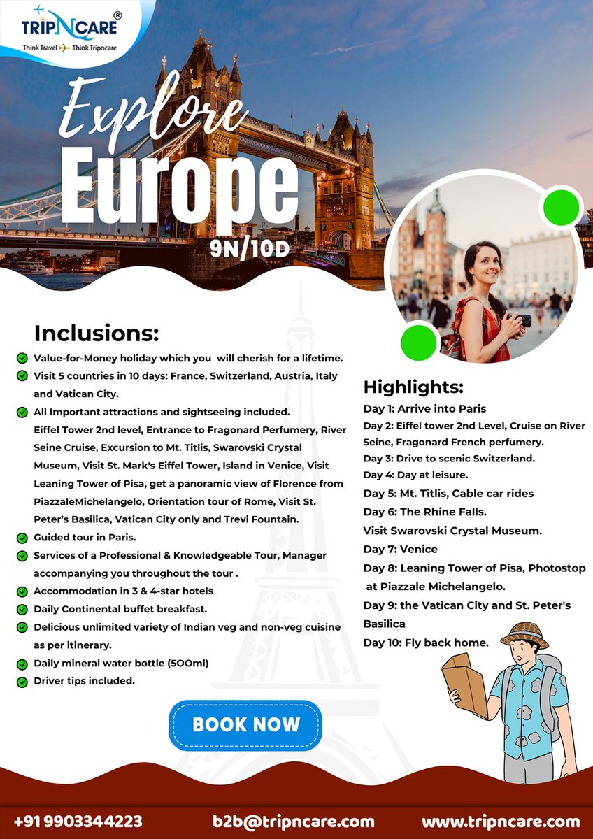 🌍✨ Embark on a European adventure with Tripncare! Experience 9 nights, 10 days of culture, history, and breathtaking sights. Book now! 🏰🍷🚆
#EuropeTravel #ExploreEurope #EuroTrip #EuropeanAdventure #TravelEurope #EuropeVacation #DiscoverEurope #EuroTour #Europe #Tripncare
