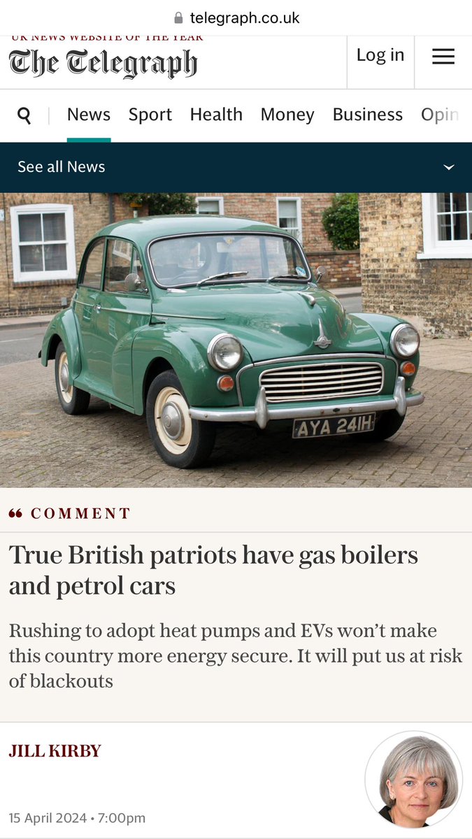 PeoplesTariff's tweet image. #clickbait at its worst by torygraph! @Telegraph 

‘It’s your duty to refuse an EV’

@StopBSCampaign #FUD #stopBS 

Well done @knott_richard for posting 

x.com/knott_richard/…

jillkirby.org

True patriots have gas boilers and petrol cars!

telegraph.co.uk/news/2024/04/1…